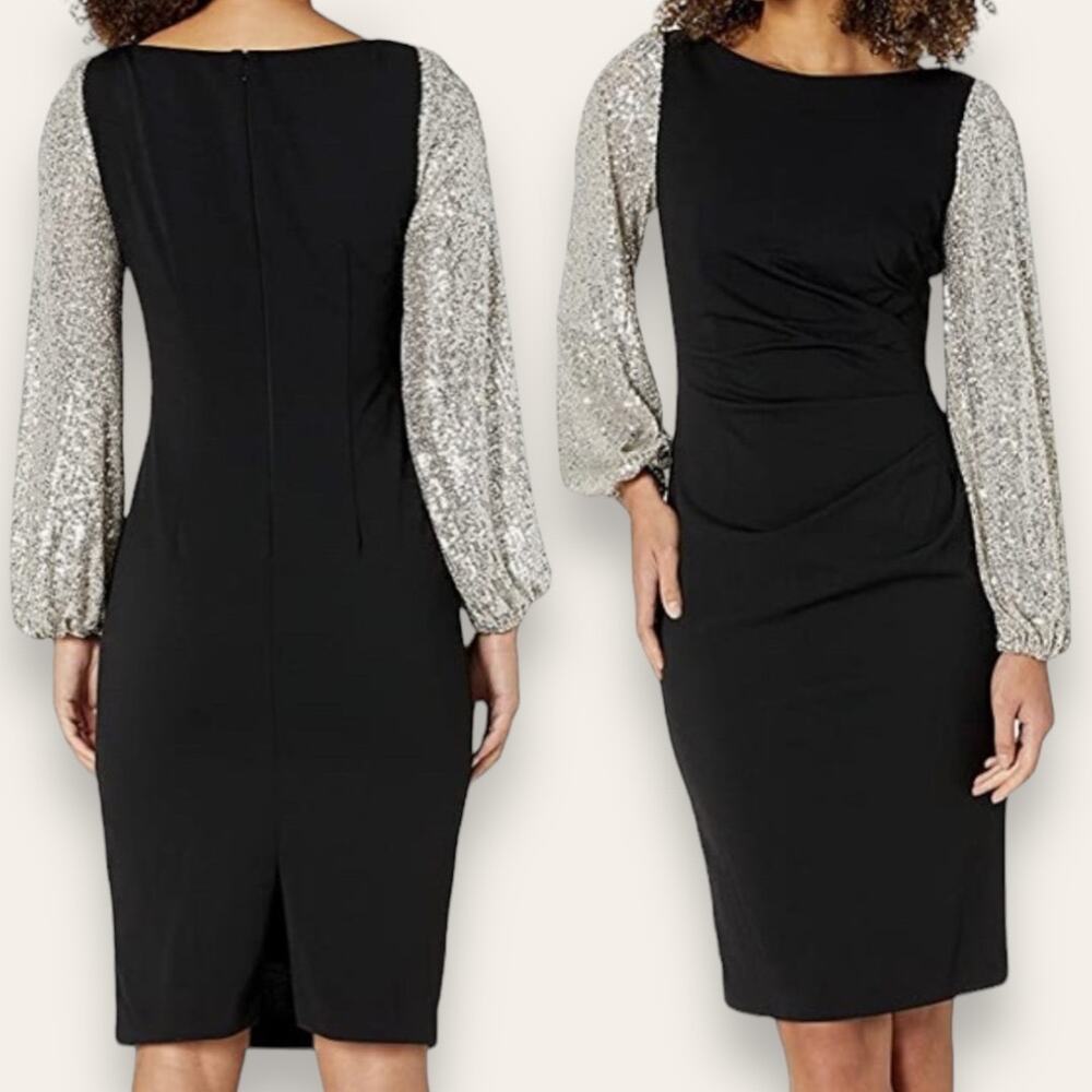 ADRIANNA PAPELL DRESS 4 BLACK SILVER PARTY COCKTAIL WEDDING GUEST SEQUIN SLEEVES